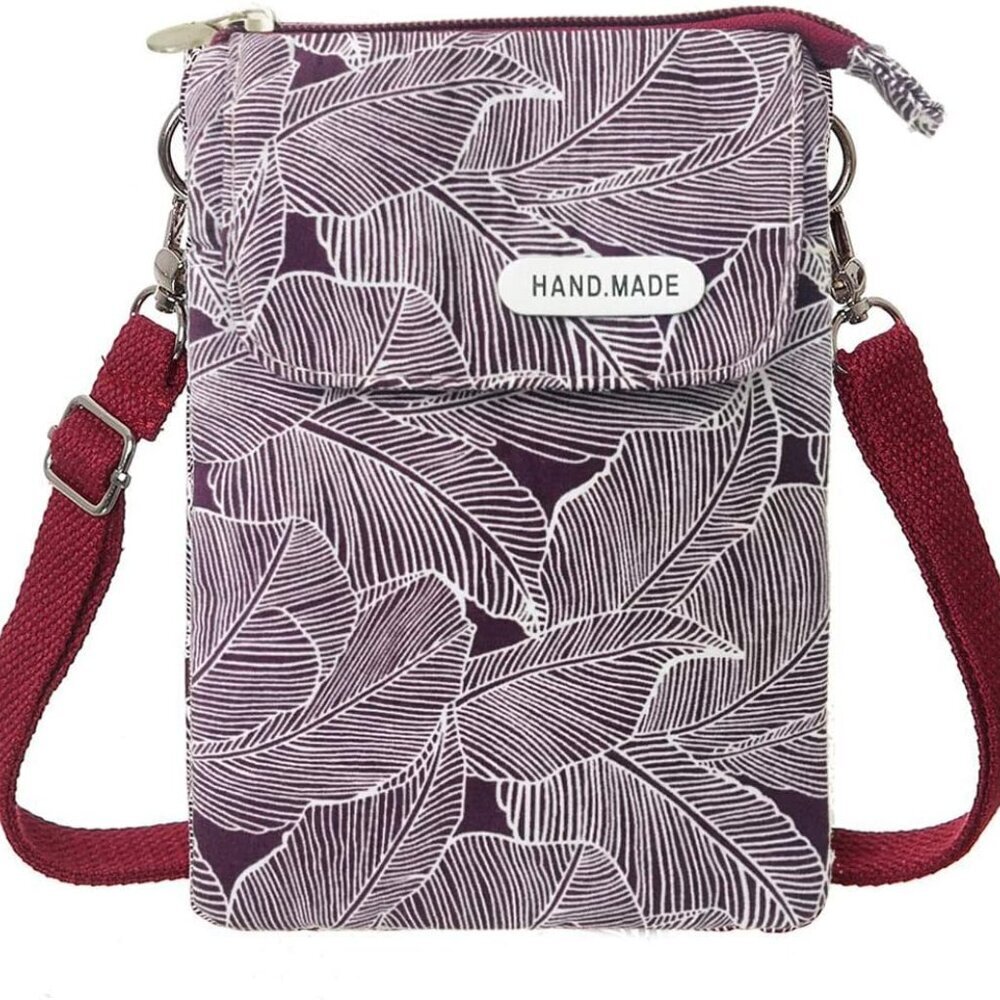 Leaf Pattern Canvas Cell Phone Purse Wallet Lightweight Small Crossbody Purse Ba